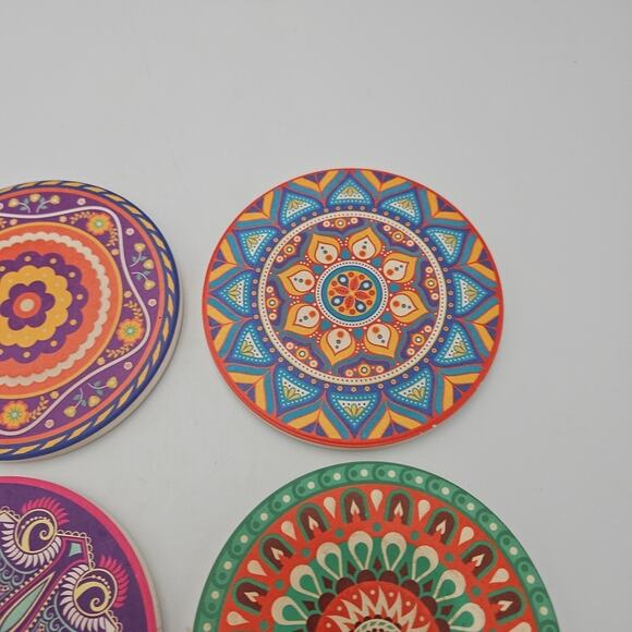 Stone Coaster Set w Cork Ceramic For Drink Table Decor Bar Beautiful Colorful - Picture 4 of 7